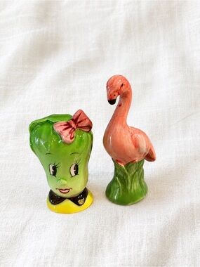 Vintage Ceramic Green Planter Head & Pink Flamingo Figurine Set